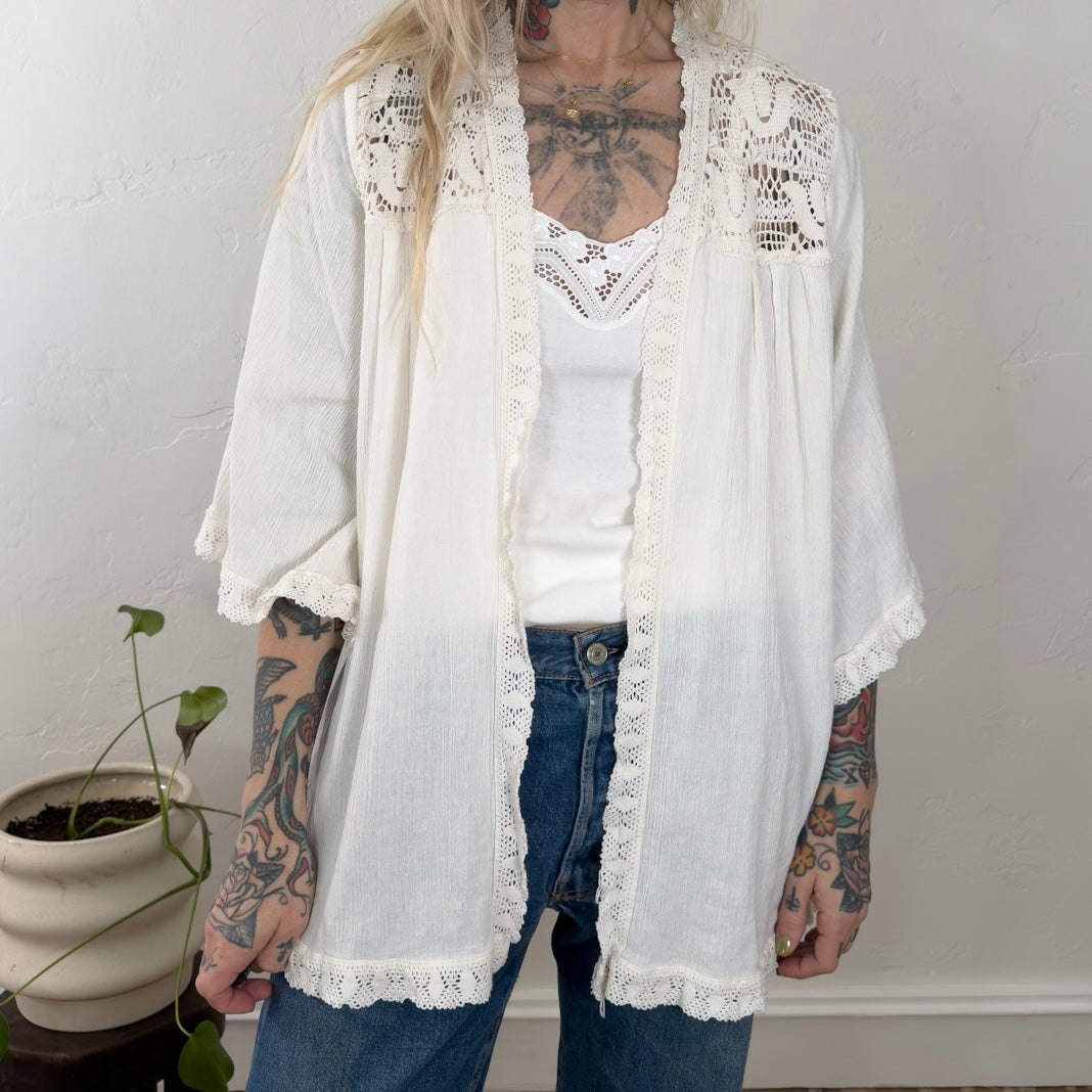 Boho White Cotton Gauze Lace Trim Cardigan Kimono Open Front Crochet Back Top