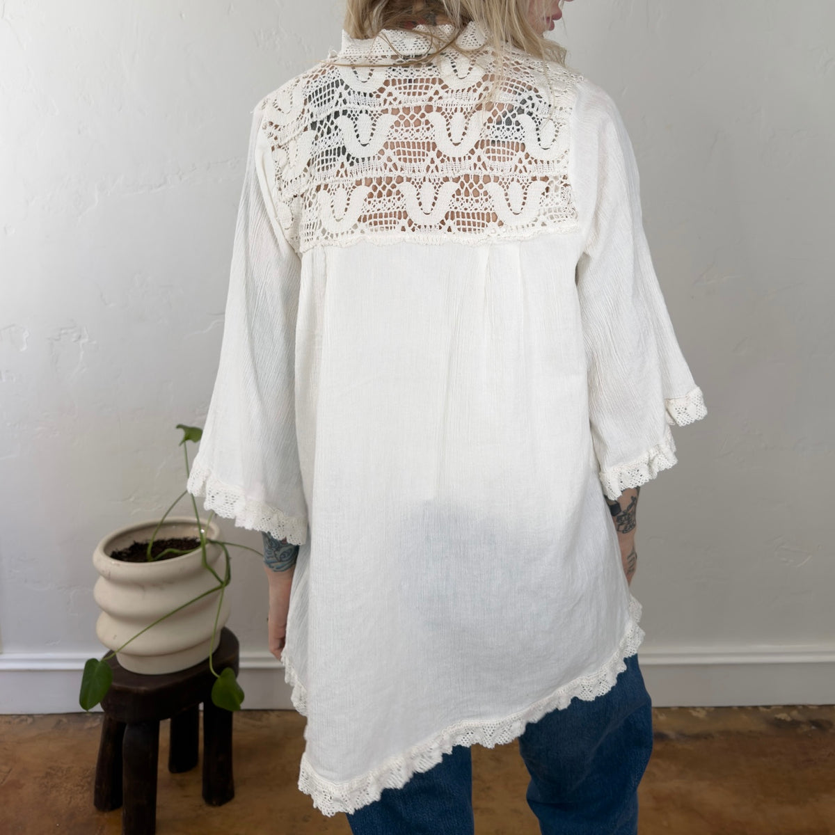 Boho White Cotton Gauze Lace Trim Cardigan Kimono Open Front Crochet Back Top