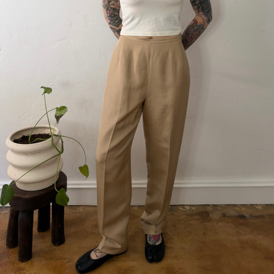 Talbots Vintage Silk Wool Blend High Waisted Pleated Trousers Tan Beige Size 6