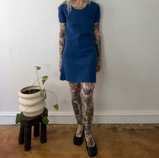 Vintage Russ Blue Ribbed Nylon Knit Short Sleeve Mini Dress Scoop Neck