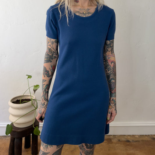 Vintage Russ Blue Ribbed Nylon Knit Short Sleeve Mini Dress Scoop Neck