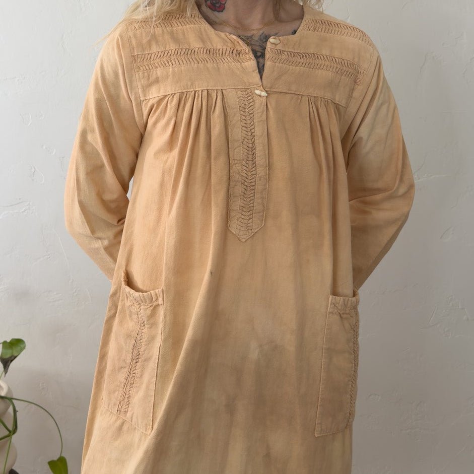 Vintage Over Dyed Orange Cotton Maxi Dress Smocked Kaftan Boho Pocket Apricot