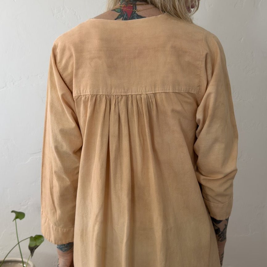 Vintage Over Dyed Orange Cotton Maxi Dress Smocked Kaftan Boho Pocket Apricot