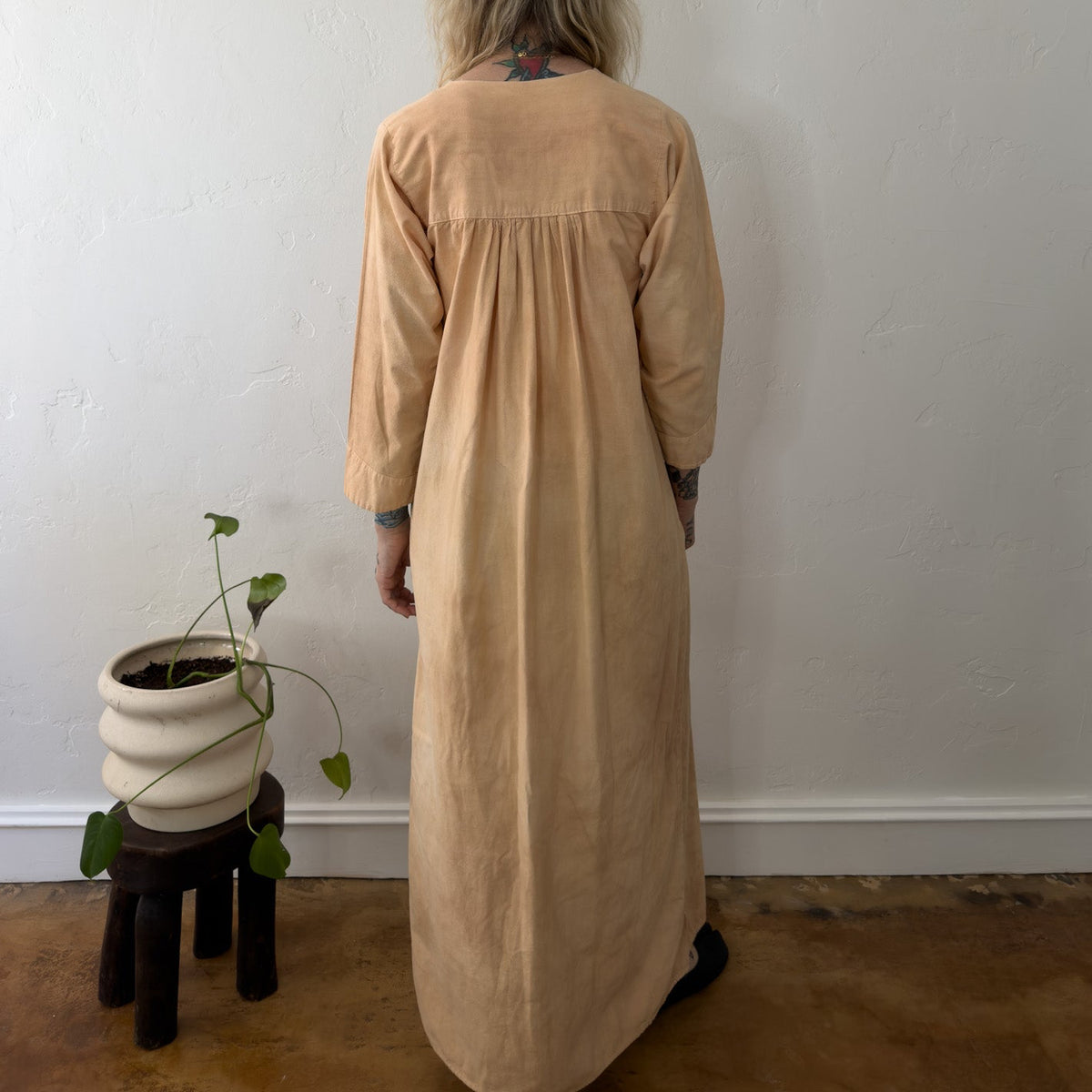 Vintage Over Dyed Orange Cotton Maxi Dress Smocked Kaftan Boho Pocket Apricot