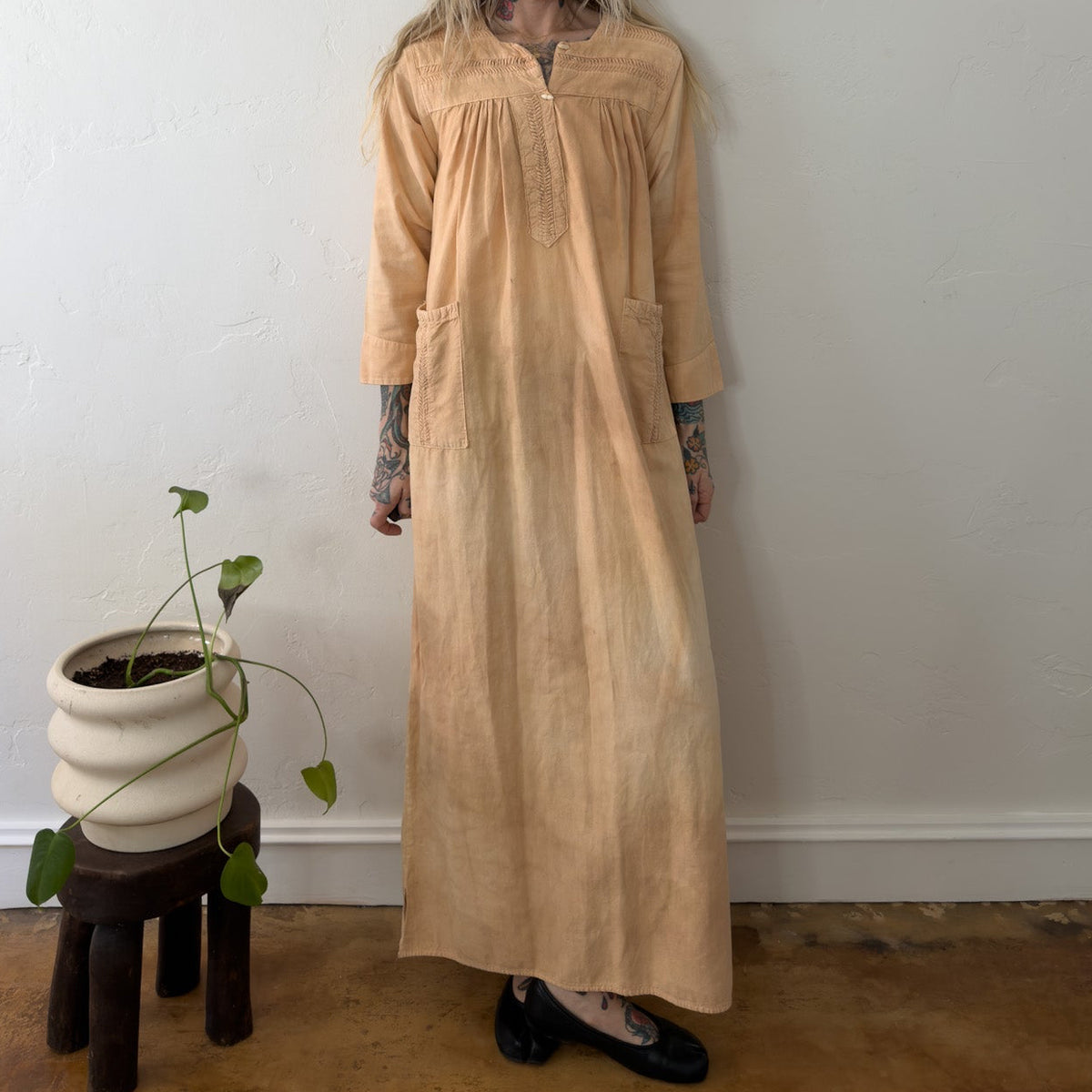 Vintage Over Dyed Orange Cotton Maxi Dress Smocked Kaftan Boho Pocket Apricot